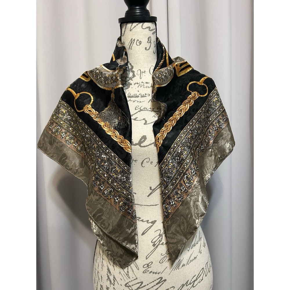 Vintage Pier Olivier Paris Scarf Black Gold Chain Print Old Money Luxury